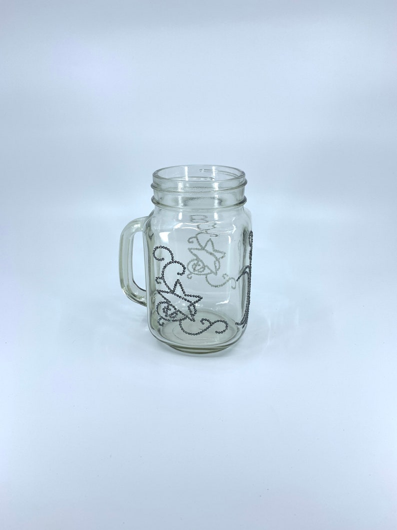 Mason Jar with handle. Unique. Handmade. Gray moon, stars, swirls rhinestone design. 5 inches in height. Choose an accessories. image 2