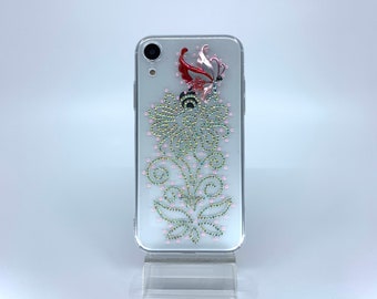 iPhone XR case. PC material. Handmade. Aurora borealis, pearl pink rhinestones. Flower, swirls, leaves design. Butterfly charm. Protective