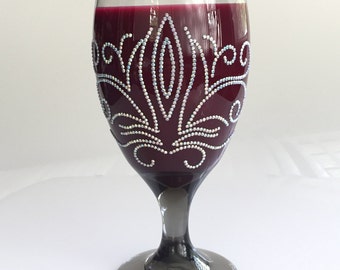 Gray tinted wine glass, unique, handmade. Floral, swirl AB white rhinestone design. **Same design on two sides**