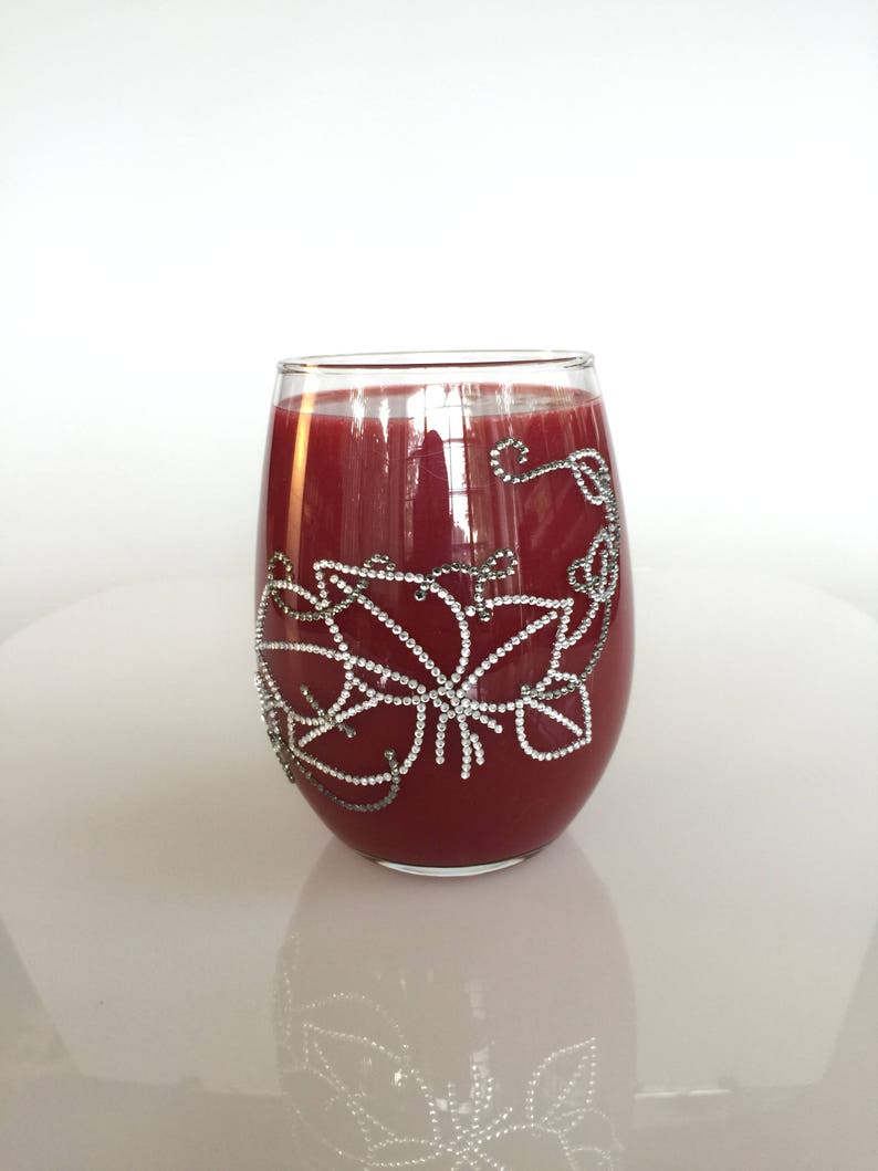 Stemless glass, 20 oz., unique, handmade. Two-Sided, same leaves and string design. Silver and gray rhinestones glued on one by one. image 1