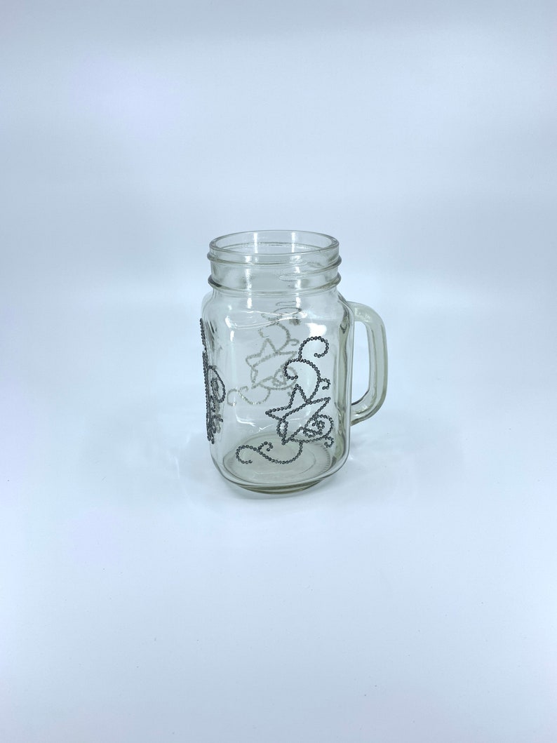 Mason Jar with handle. Unique. Handmade. Gray moon, stars, swirls rhinestone design. 5 inches in height. Choose an accessories. image 3