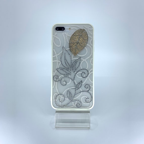 iPhone Plus, Plus TPU +PC Unique Handmade Silver white rhinestone  swirl leaves design Leaf charm White border Transparent Durable