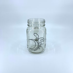 Mason Jar with handle. Unique. Handmade. Gray moon, stars, swirls rhinestone design. 5 inches in height. Choose an accessories. image 1