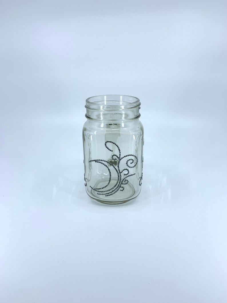 Mason Jar with handle. Unique. Handmade. Gray moon, stars, swirls rhinestone design. 5 inches in height. Choose an accessories. image 1