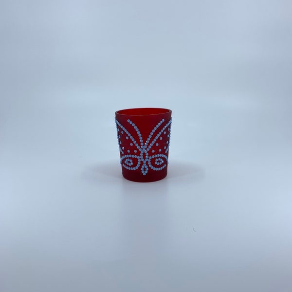 Red votive candle holder, unique, handmade. 2.5 inches high. Blue/gray tribal butterfly rhinestone design.