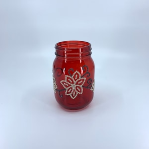 Red Mason Jar. Unique. Handmade. White and gray flowers and swirls Diamond Dotz rhinestone design. 5 inches in height. Choose an accessories