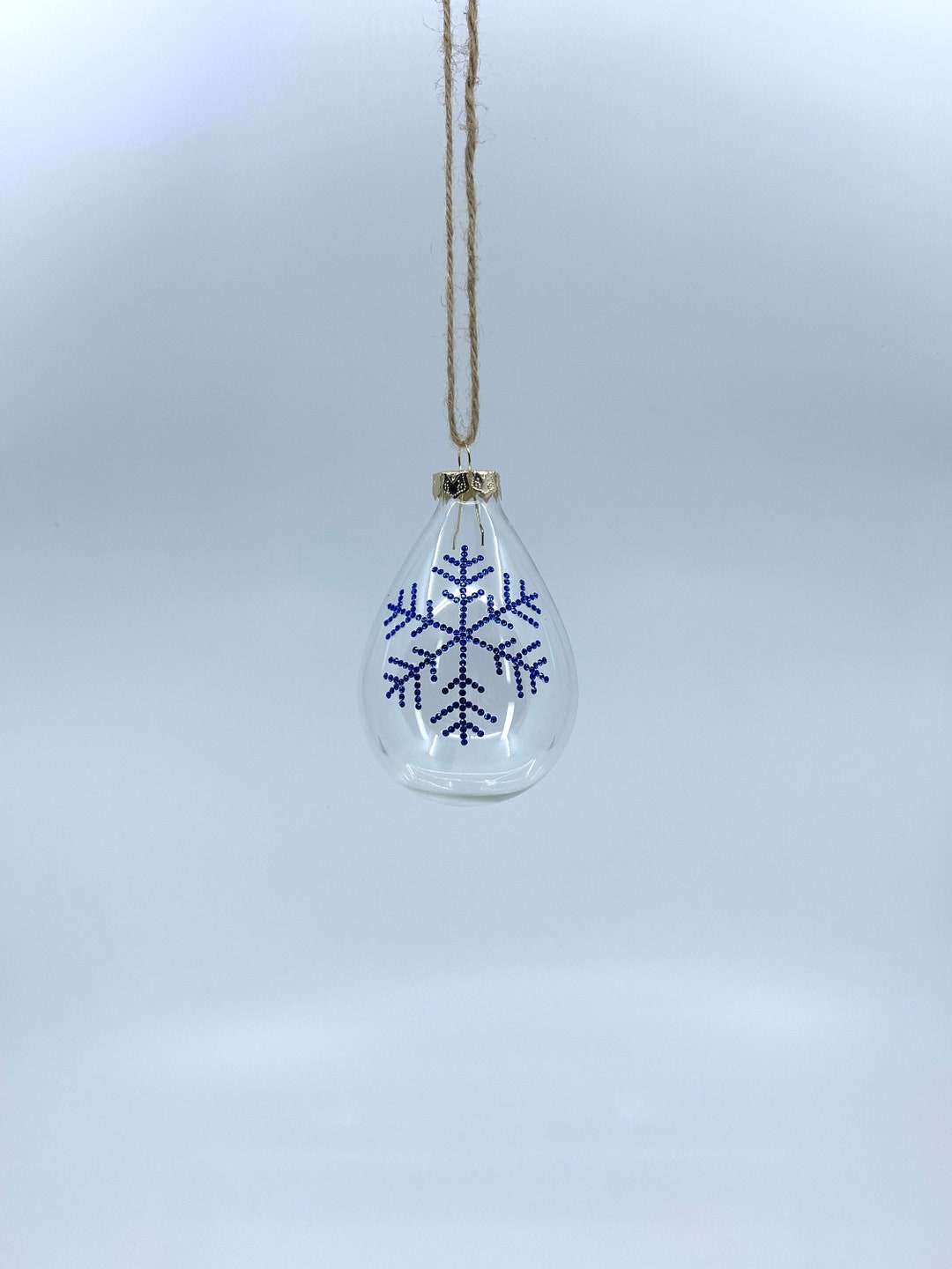 Teardrop Glass Christmas Ornament. Handmade Blue Rhinestone Snowflake Design. Etsy