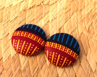 Ankara abstract print stud earrings - navy, wine and gold print   button earrings