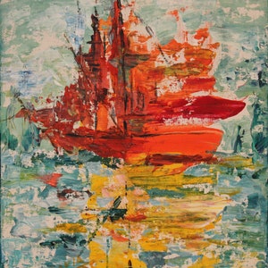 The Red Ship&#39;s Journey - Original Art - Canvas made with a spatula by hand in acrylic paint Relief