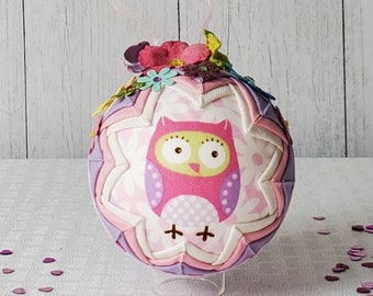 Pink, Purple and Green Owl Quilted Ornament