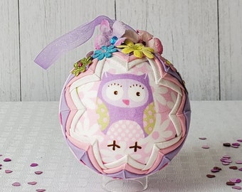 Purple, Pink and Green Owl Quilted Ornament