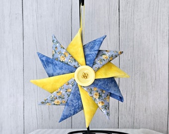 Yellow and Blue Floral Pinwheel Quilted Ornament