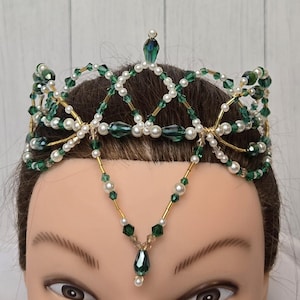 Green and Gold Beaded Ballet Tiara Headpiece for Gamzatti, Sleeping Beauty Fairies, Esmerelda