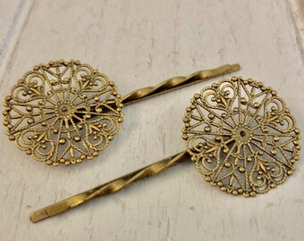 20 Antique Bronze filigree Hairpins 3cm