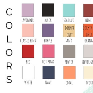 Op de afbeelding: Kleurenkaart met 16 verschillende kleurstalen. De kleuren zijn: lavendel, zwart, zeeblauw, wijn, klassiek roze, paars, zand, oranje, rood, roze, tin, zilvergrijs, wit, marine, koraal en ivoor.