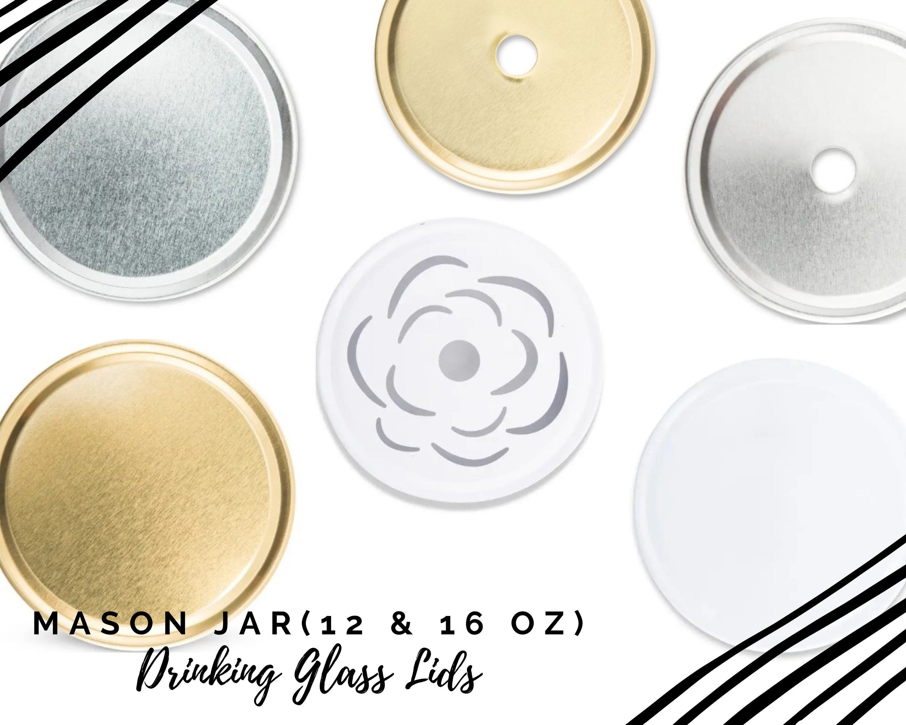 Mason Jar Drinking Glass Lids - 6 Lid Types for the Mason Jar Drinking Glasses - 16 oz Mason Jar Lids - Your Choice of Solid or Straw Lids