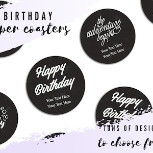 Custom Round Birthday Paper Coasters - Black Faux Marble Coasters - Personalized Coasters - Custom Birthday Party Favor - Happy Birthday