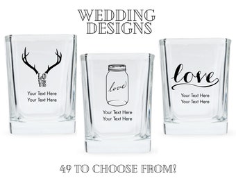 Custom Wedding Favor Square Shot Glasses - 49 Designs to Choose From - Personalized Shot Glass - Unique Wedding Favor - Wedding Reception