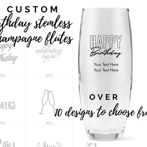 Custom Birthday Party Stemless Champagne Flutes - 12 Designs to Choose From - Personalized Toasting Flutes -  Custom Birthday Party Favor