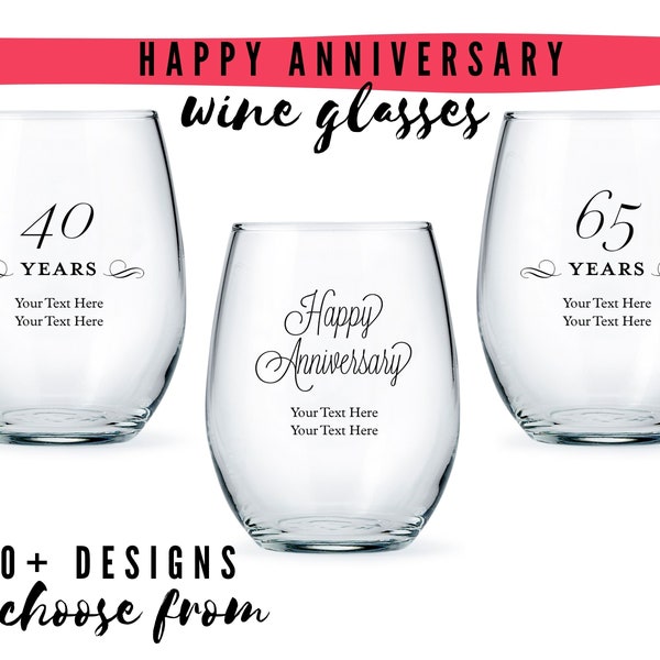 Custom Anniversary Large Stemless Wine Glasses - 21 Designs to Pick From - Personalized Wine Glass - Custom Anniversary Favor - Milestone