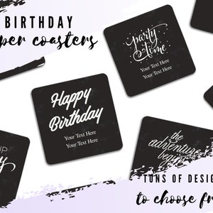 Posavasos de papel de fiesta de cumpleaños personalizados - Posavasos de mármol falso negro - Posavasos personalizados - Favor de fiesta de cumpleaños personalizado - Feliz cumpleaños