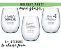 Custom Holiday Party Large Stemless Wine Glasses - 9 Designs to Pick From - Personalized Wine Glass - Custom Christmas Party Favor - NYE