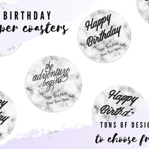 Custom White Marble Birthday Paper Coasters -  Set of 50 Round Personalized Coasters - Custom 50th Birthday Party Favor - Happy Birthday