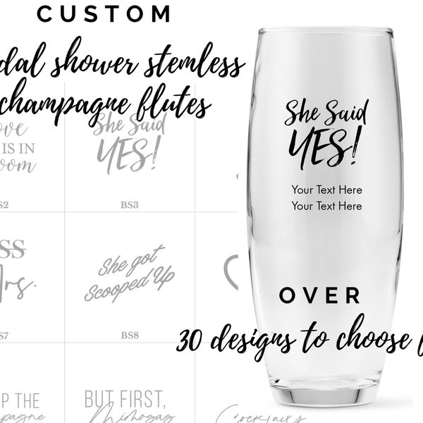 Custom Bridal Shower Champagne Glasses - 39 Designs to Choose From - Personalized Toasting Glass - Custom Bridal Party Favor - Miss to Mrs