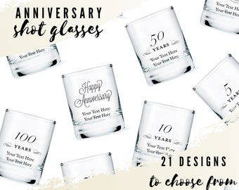 Custom Anniversary Shot Glasses - 21 Designs to Choose From - Personalized Shot Glass - Custom Anniversary Party Favor - Milestone Birthday