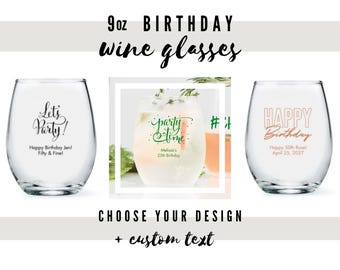 Custom Birthday Party Stemless Small Wine Glasses - 12 Designs to Choose From - Personalized Wine Glass - Custom Birthday Favor - 50th B-Day