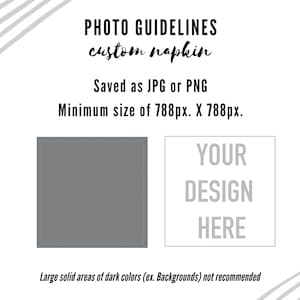 Custom Napkin Guidelines - Saved as Jpg or Png - Minimum Size Of 788px. X 788px. - Large solid areas of dark colors (ex: Backgrounds) not recommended