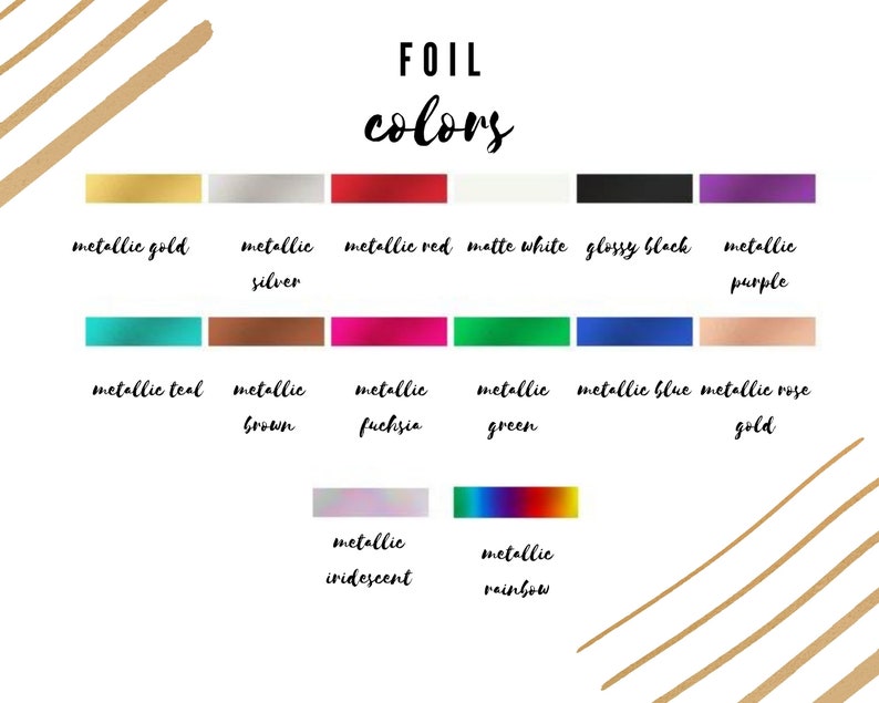 Op de afbeelding: Een grafiek met verschillende folie kleuren voor knutselprojecten. De kleuren omvatten metallic goud, zilver, rood, teal, bruin, fuchsia, groen, blauw, roze goud, iriserend en regenboog.