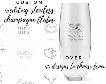 Custom Wedding Favor Stemless Champagne Flutes - 49 Designs to Choose From - Personalized Toasting Flute - Custom Unique Wedding Favor