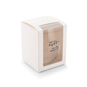 May include: A white box with a clear window showing a clear glass wine glass with the text "best day ever" in blue script, "Brian + Ally" and "October 27, 2018" in blue print.