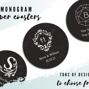 Personalized Monogram Black Paper Coasters - Set of 50 Custom Coasters - Custom Wedding Favor - Bachelorette - Engagement Party - Birthday