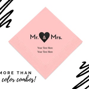 Pack of 50 Custom Printed Cocktail Size Wedding Napkins - Wedding Reception Supplies - Mr and Mrs  Heart Print Napkins - Engagement Napkins