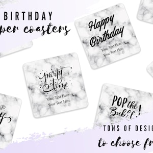 Custom White Faux Marble Birthday Paper Coasters -  Set of 50 Personalized Coasters - Custom 50th Birthday Party Favor - Happy Birthday
