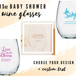 Custom Baby Shower Large Stemless Wine Glasses - 8 Designs to Pick From - Personalized Wine Glass - Custom Baby Shower Favor - Gender Reveal