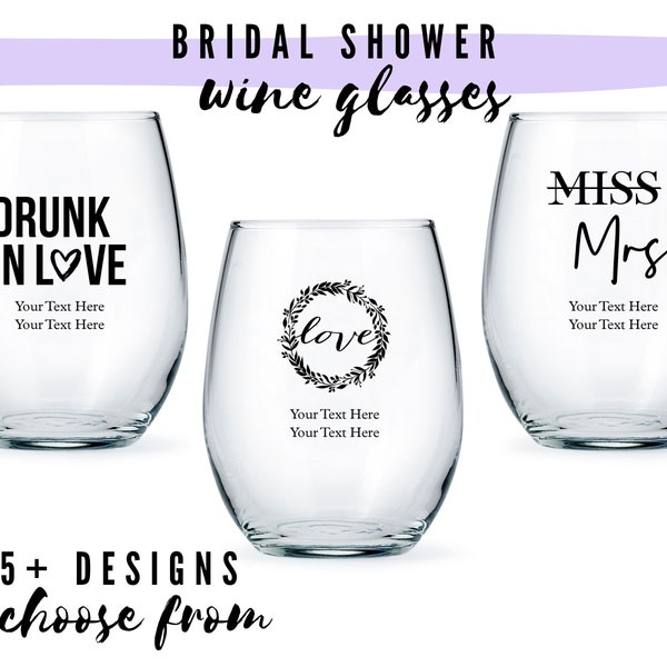 Custom Bridal Shower Large Stemless Wine Glasses - 39 Designs to Choose From - Personalized Wine Glass - Custom Bridal Shower Party Favor