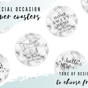 Special Occasion Personalized Paper Coasters - Set of 50 Coasters - White Faux Marble - Housewarming - Graduation - New Year&#39;s - Christmas