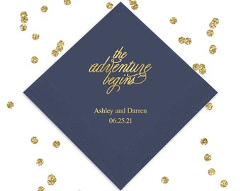 Set of 100 The Adventure Begins Napkins - Paper Wedding Napkin - Personalized Napkins - Wedding Napkins - Printed Wedding Napkins