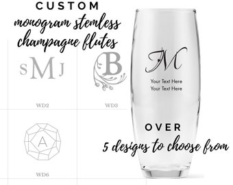 Custom Monogram Stemless Champagne Flutes - 6 Designs to Choose From - Personalized Toasting Flute - Birthday - Bachelorette - Engagement