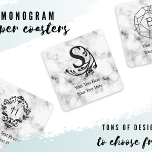 Custom Monogram White Paper Coasters - Set of 50 Personalized Coasters - Custom Wedding Favor - Bachelorette - Engagement Party - Birthday