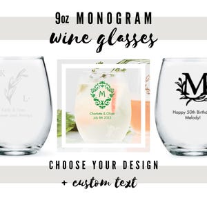 Custom Monogram Stemless Small Wine Glasses - 6 Designs to Choose From - Personalized Wine Glass - Unique Wedding Favor - Useful Party Favor