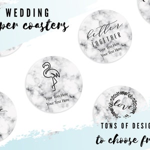 Favor de casamento exclusivo - porta-copos redondos de papel de mármore falso - conjunto de 50 - porta-copos personalizados - lembrancinha de casamento personalizada - recepção de casamento