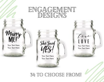 Hubby Wifey Mason Jars choose from 21 fonts personalized with a date and decorated with wooden Mr and Mrs handcrafted charms.
