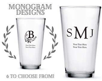 Custom Monogram Pint Glasses - 6 Designs to Choose From - Personalized Pint Glass - Custom Wedding Favor - Bachelorette - Engagement Party