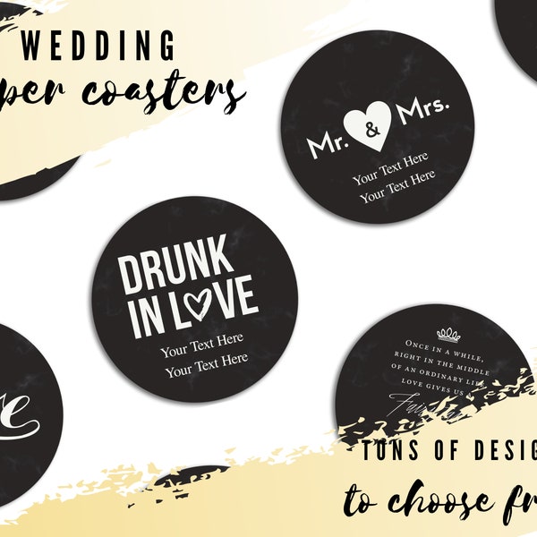 Custom Wedding Favor - Black Marble Round Paper Coasters - Set of 50 - Personalized Coasters - Unique Wedding Favor - Wedding Reception