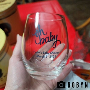 Custom Baby Shower Large Stemless Wine Glasses 8 Designs to Pick From Personalized Wine Glass Custom Baby Shower Favor Gender Reveal image 2
