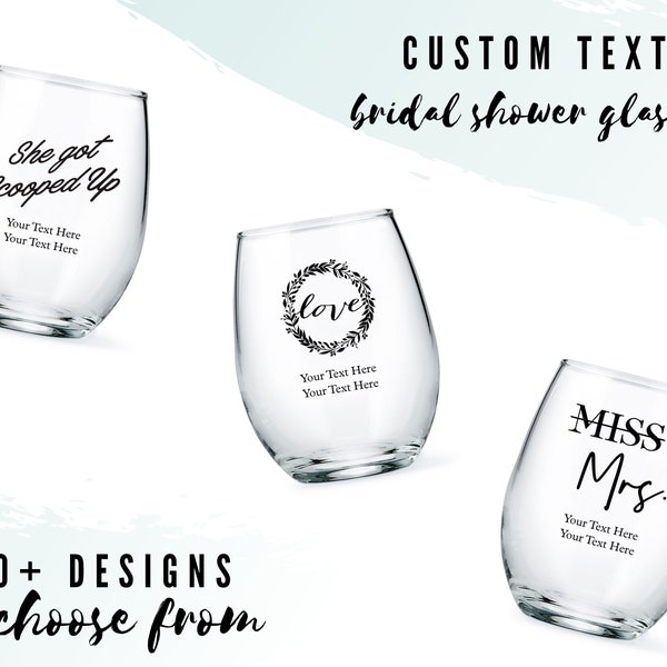 Custom Bridal Shower Small Stemless Wine Glasses - 39 Designs to Choose From - Personalized Wine Glass - Custom Bridal Shower Party Favor